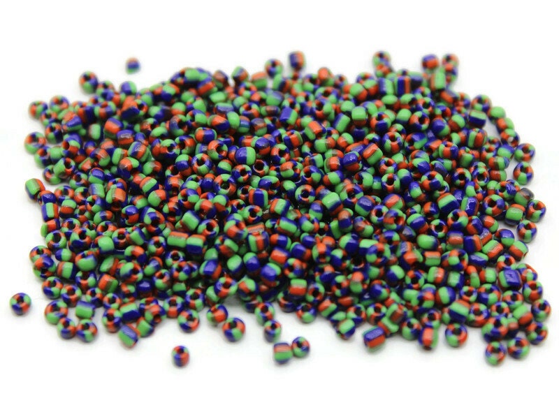 11/0 Navy Blue-Orange-Green Rare Striped Seed Beads, 20/50/100 Grams Packs, Embroidery Beads, Jewelry Beads, Craft Supply, Indian Seed Beads, 875/10.