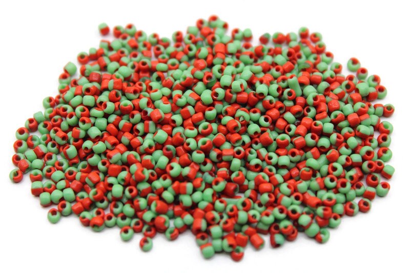 11/0 Red-Green Striped Seed Beads, 20/50/100 Grams Packs, Embroidery Beads, Jewelry Beads, Craft Supply, Rondelle Beads, Indian Seed Beads, 475/9.