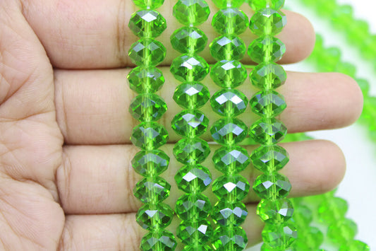 8mm Czech Rondelle Crystal Beads, Green Transparent, 1 String, Superior quality beads, Jewelry supply.