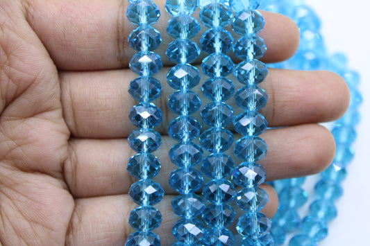8mm Czech Rondelle Crystal Beads, Blue Topaz Transparent, 1 String, Superior quality beads, Jewelry supply.