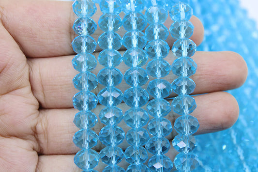 8mm Czech Rondelle Crystal Beads, Aquamarine Transparent, 1 String, Superior quality beads, Jewelry supply.