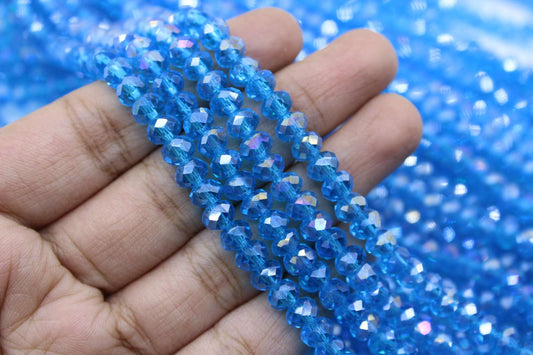 6mm Czech Rondelle Crystal Beads, Blue Topaz AB, 1 String, Superior quality beads