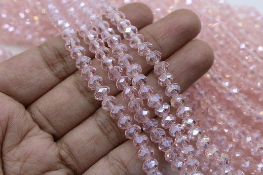 6mm Czech Rondelle Crystal Beads, Baby pink AB, 1 String, Superior quality beads