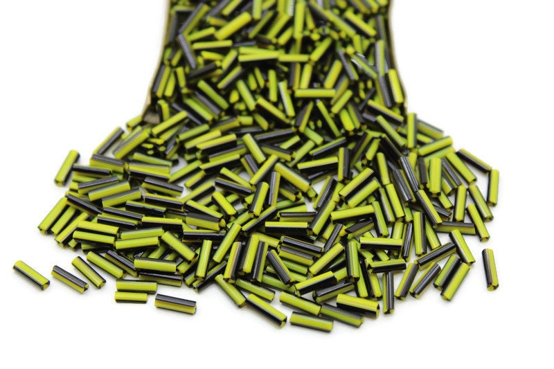 Czech Striped Bugle Beads, Yellow-Black, Size 4, 20/50/100 Grams Packs, Vintage Czech Beads, Embroidery Beads, Jewelry Beads, Craft Supply, 83490/8