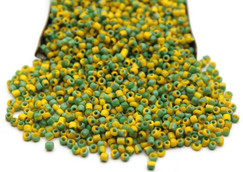 11/0 Yellow-Green Striped Seed Beads, 20/50/100 Grams Packs, Embroidery Beads, Jewelry Beads, Craft Supply, Rondelle Beads, Indian Seed Beads, 472/12.