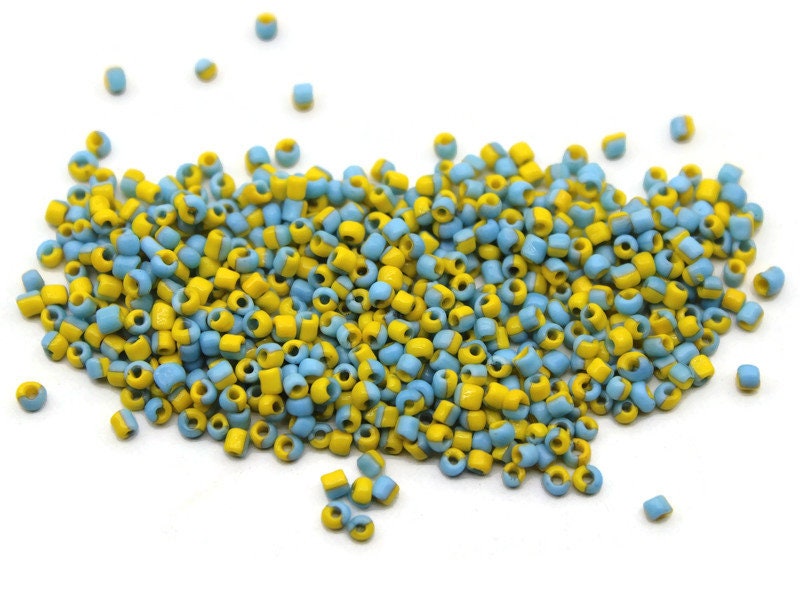 11/0 Aqua Blue-Yellow Striped Seed Beads, 20/50/100 Grams Packs, Embroidery Beads, Jewelry Beads, Craft Supply, Rondelles, Indian Seed Beads, 514/29.